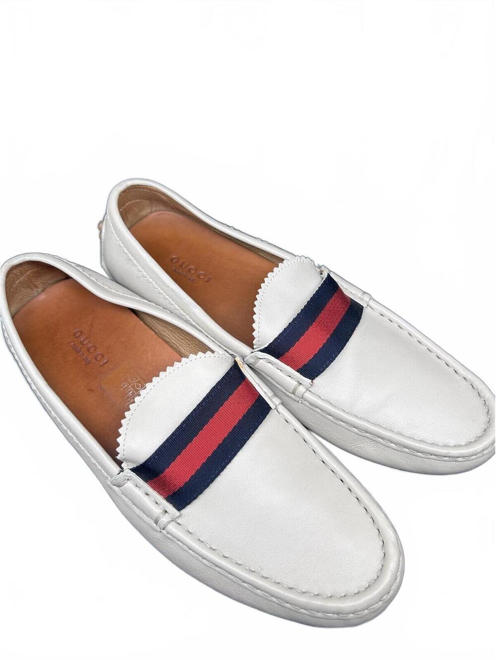 Unisex Gucci White Leather Driving Loafers Blue Red Web - EU 38